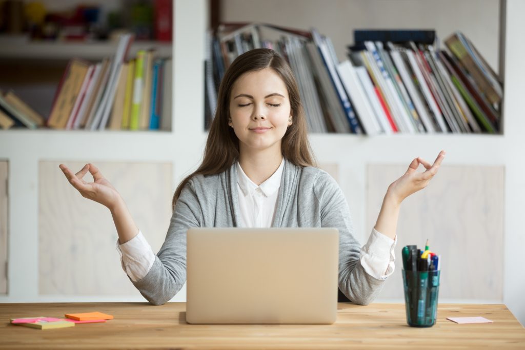 Calm Woman Relaxing Meditating With Laptop No Stress Free Relief